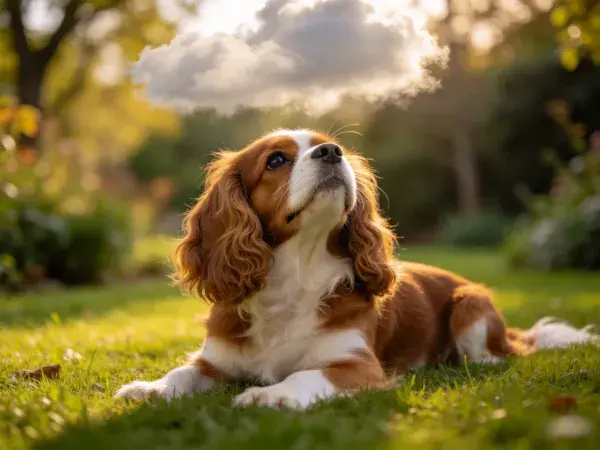 花园中可卡犬躺卧场景