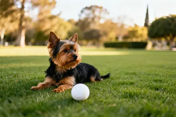 草地上的约克夏梗犬与白色小球