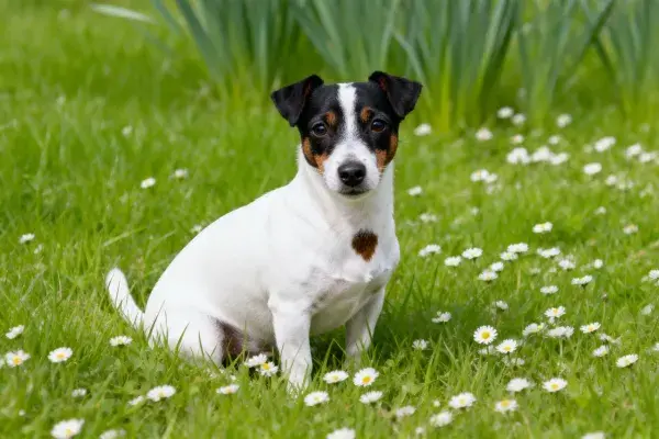 杰克罗素梗犬坐于花草草地