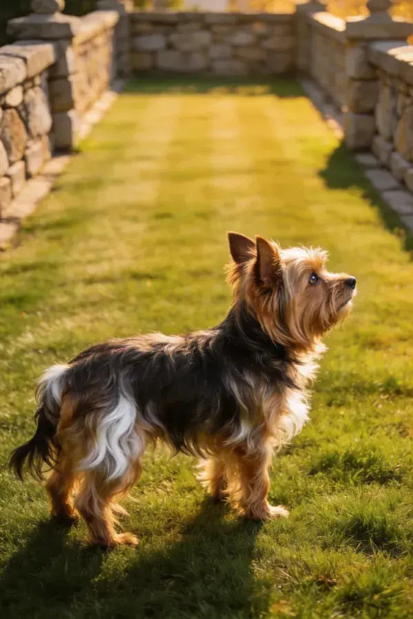 约克夏梗犬在石墙间草地的特写