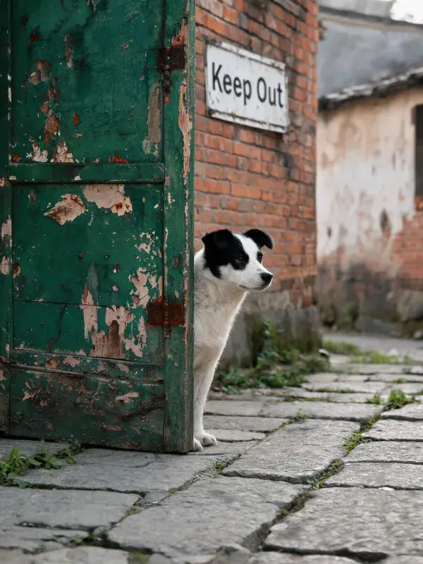 青砖墙面旁黑白混血犬探头的场景