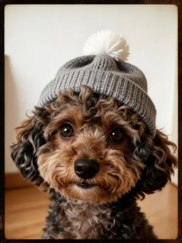 室内环境中戴灰色针织帽的小型卷毛犬特写