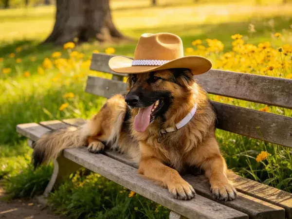 公园长椅上戴牛仔帽的德牧犬