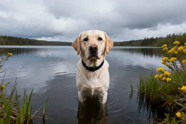 拉布拉多猎犬在水域中伫立