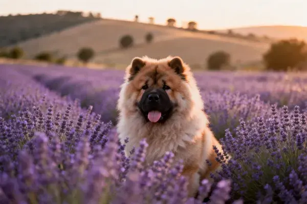 中华獒犬于薰衣草花田的特写镜头