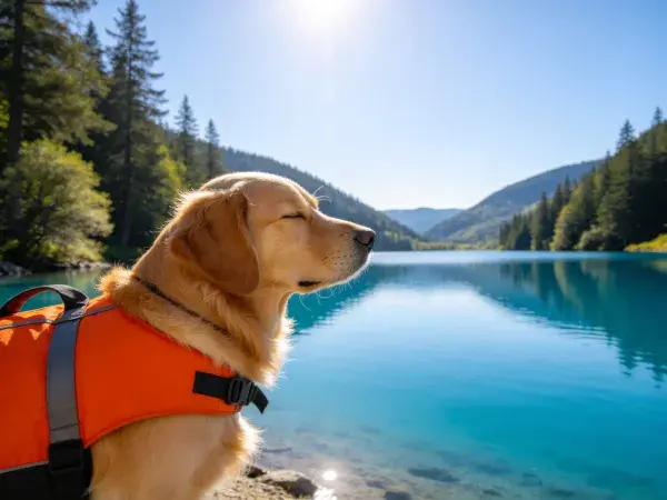 金毛犬穿救生衣于湖边