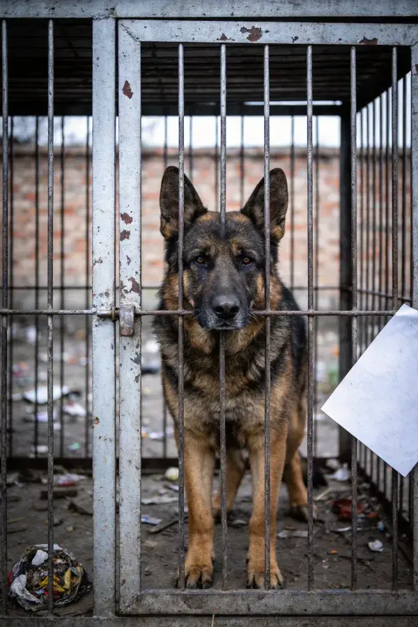 德国牧羊犬被关在铁笼内