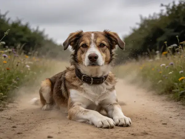 混种犬于土路休憩场景