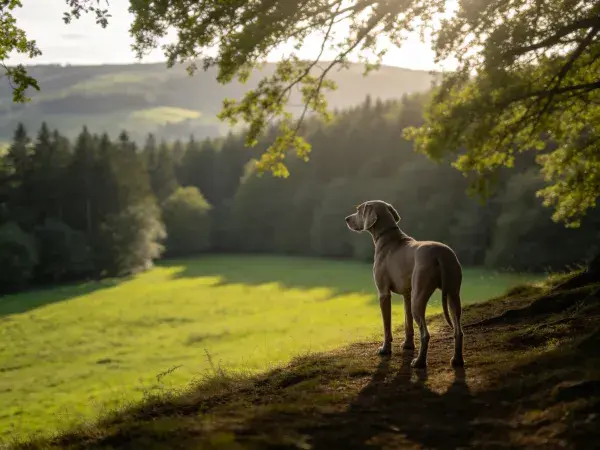 魏玛兰纳犬凝视山谷景观