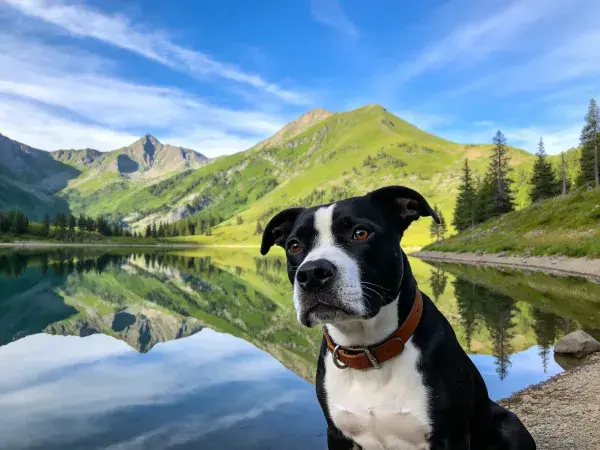 青山绿水旁的黑白色短毛混种犬特写