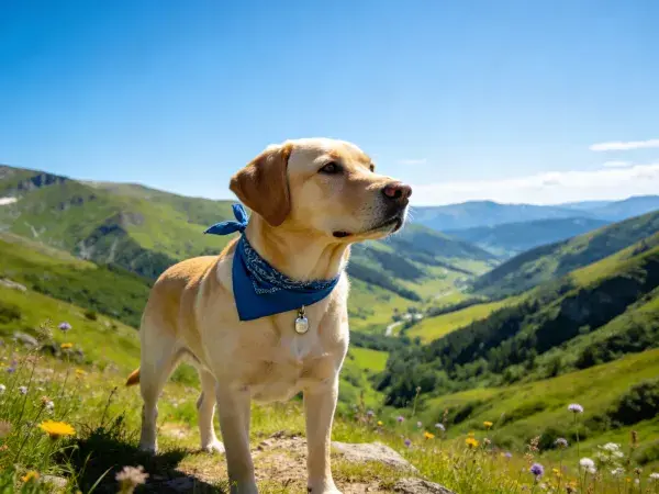 黄色拉布拉多犬于山地草坡站立