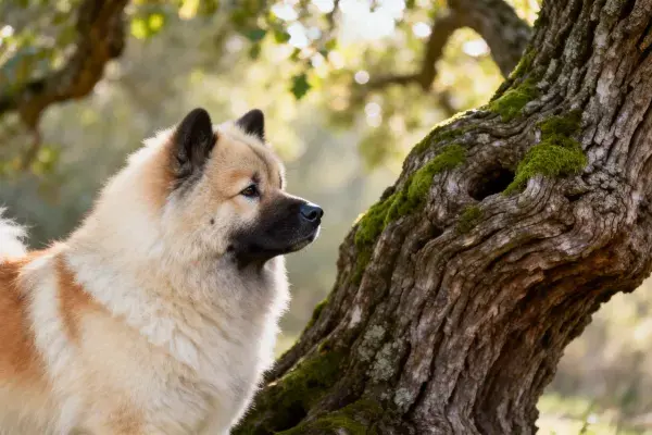 森林边缘的秋田犬近景