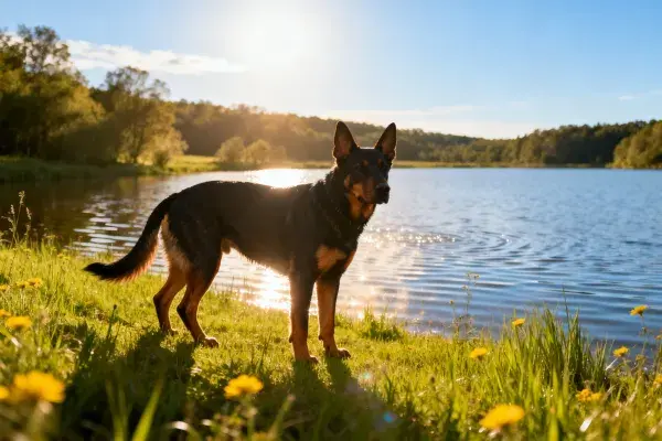 德国牧羊犬于湖畔草地站立
