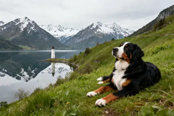伯恩山犬躺卧在山水风光中的草地