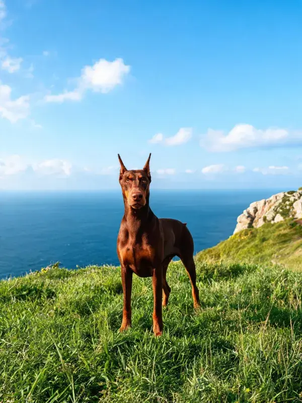 海岸悬崖处杜宾犬的特写