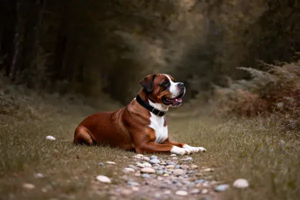 拳师犬在户外碎石小径上休息的场景