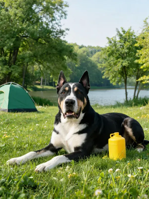 三色工作犬在露营草地休憩场景