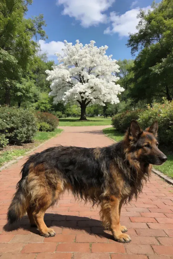 长毛德国牧羊犬公园砖路特写场景