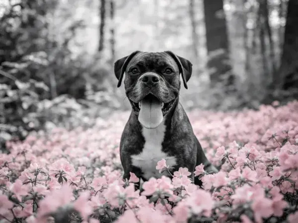 林间花丛中的拳师犬特写