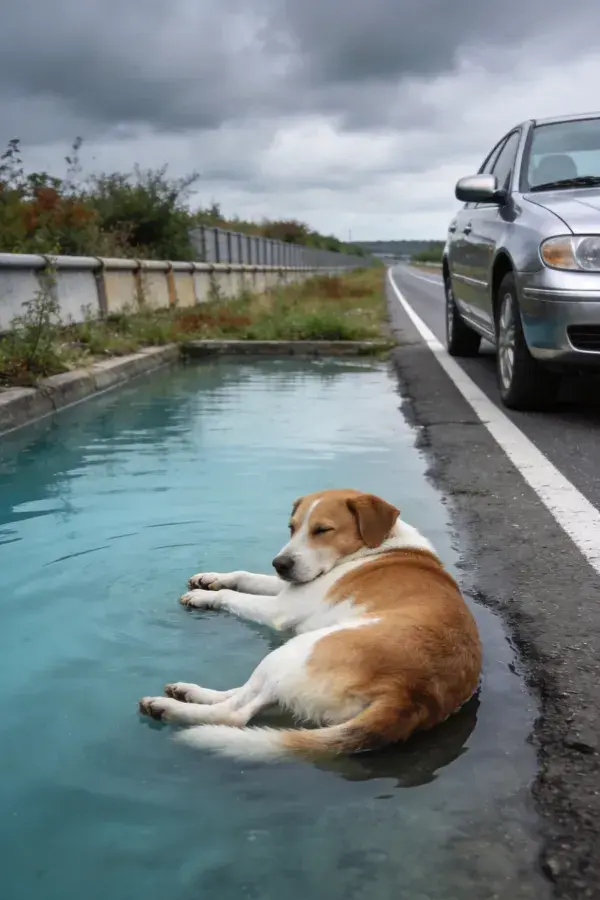 银色轿车旁水渠中休息的短毛混种犬