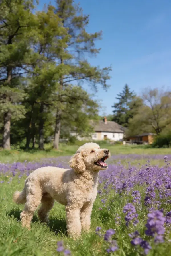 阳光下拉布拉多贵宾混血犬在紫花田间