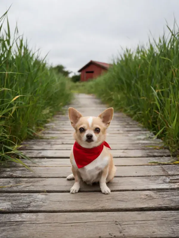 木板小径旁的吉娃娃犬