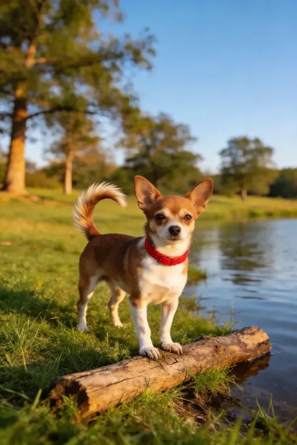阳光草地上的吉娃娃犬站在木头上
