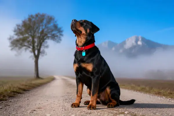 乡村土路旁的罗威纳犬