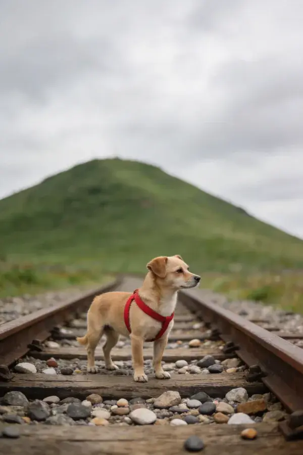 铁轨上的小型混血犬与远山风光