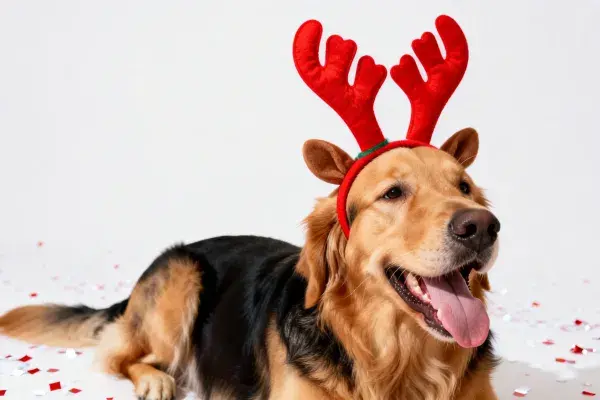 戴驯鹿角饰的德国牧羊犬金毛混种犬躺卧画面