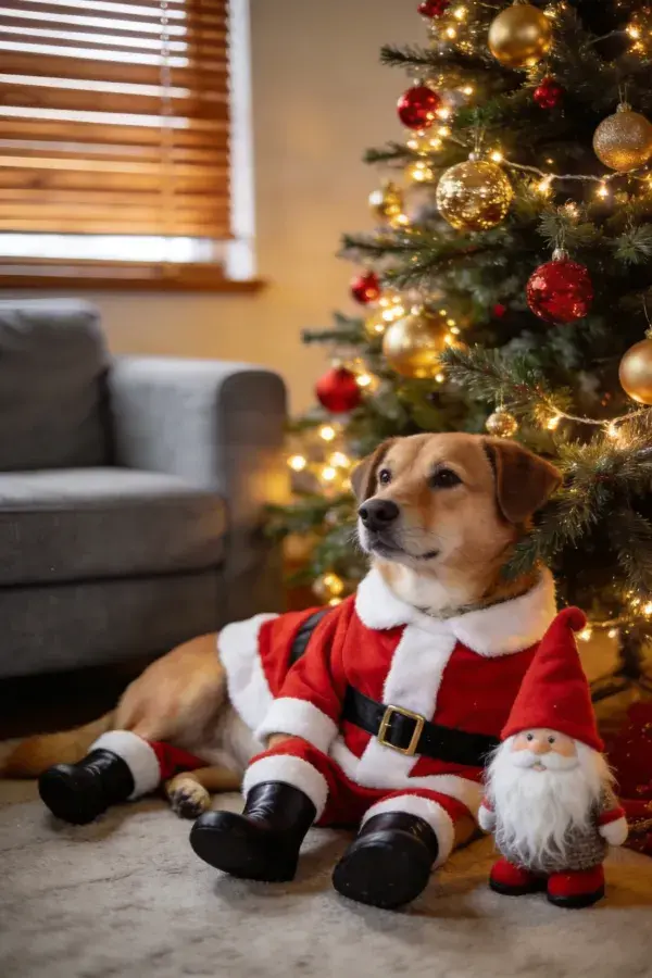 圣诞树下穿圣诞服的混血犬