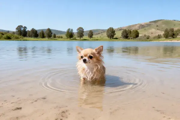 吉娃娃犬在浅滩水域的场景