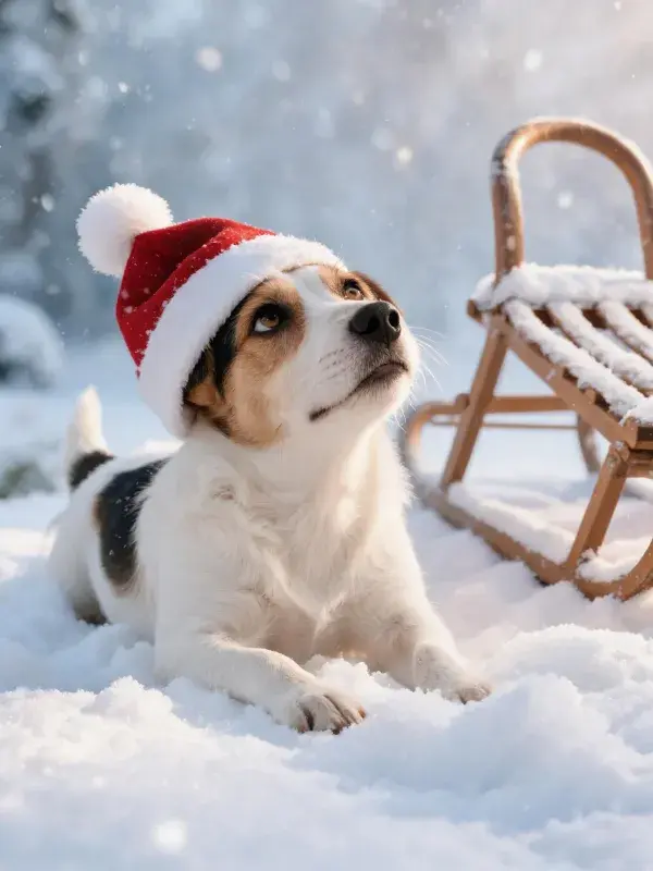 雪地中戴圣诞帽的小型杰克罗素梗犬特写