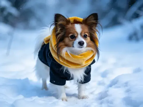 雪地中蝴蝶犬的服饰特写
