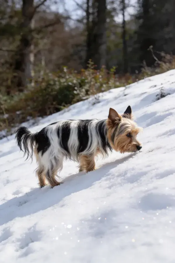 雪地中黑白相间的丝毛梗混种犬