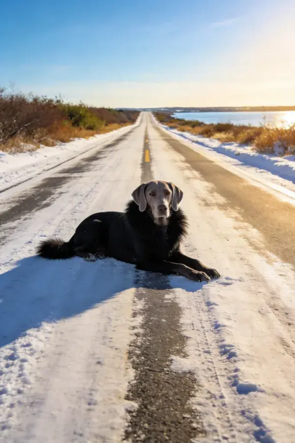 银灰色短毛猎犬静卧雪路场景