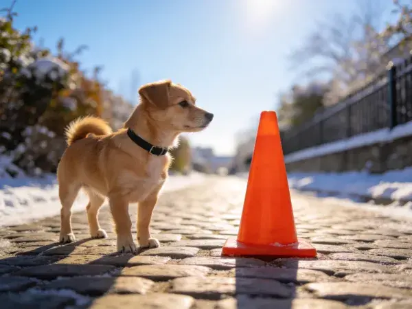 小型混种犬与交通锥在石板路上的场景