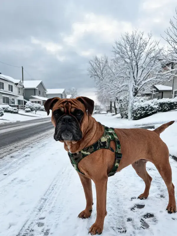 雪地街道上的拳师犬特写