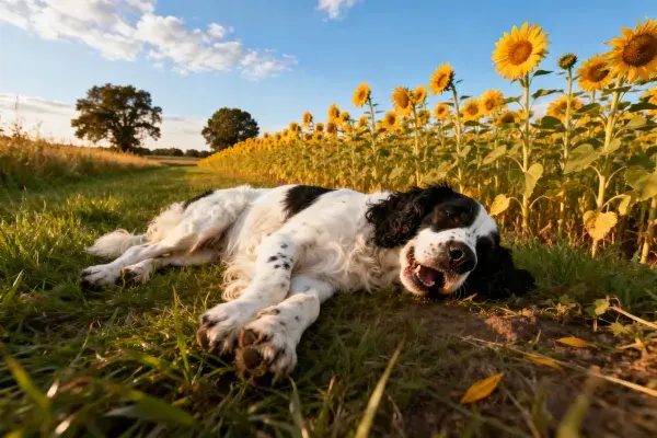 草地向日葵旁的斑点史宾格犬