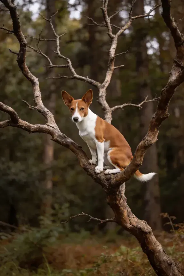 防御姿态下的巴森吉犬栖息于枯枝间