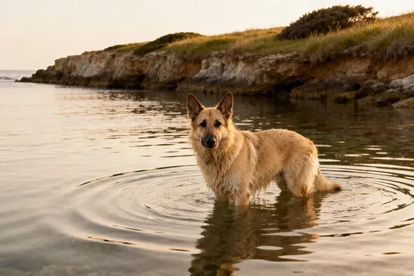 德国牧羊犬涉水于岸边浅滩