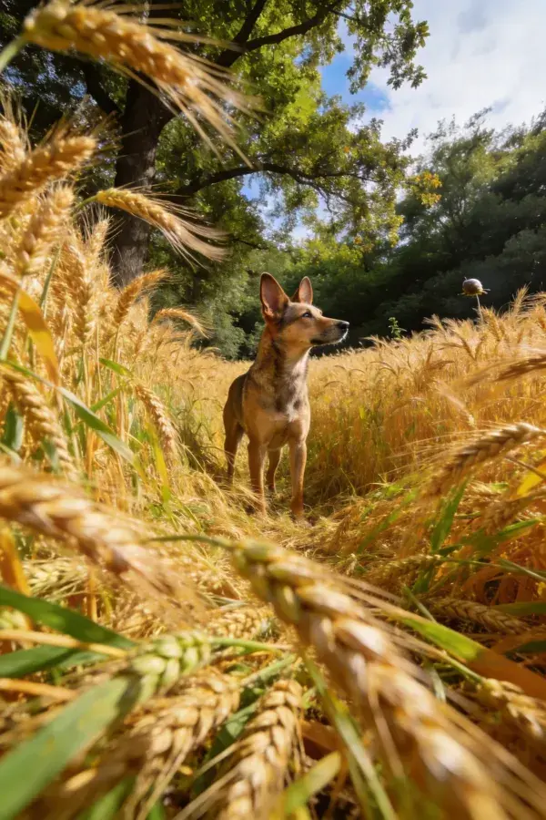 金色麦田中的德牧犬身影