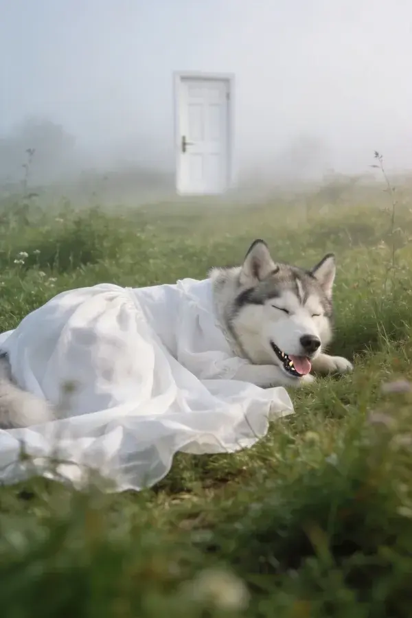 草地上的西伯利亚雪橇犬穿白色连衣裙