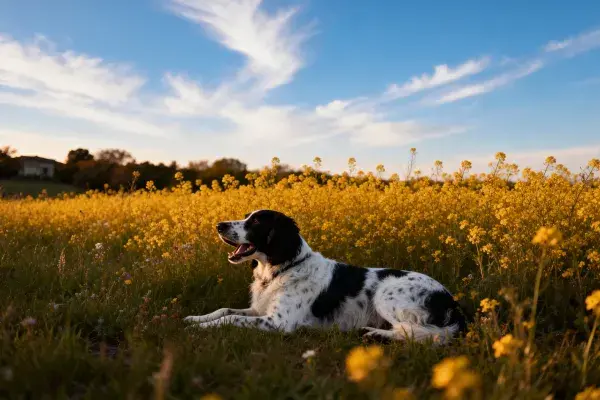 英格蘭塞特犬休憩於花田