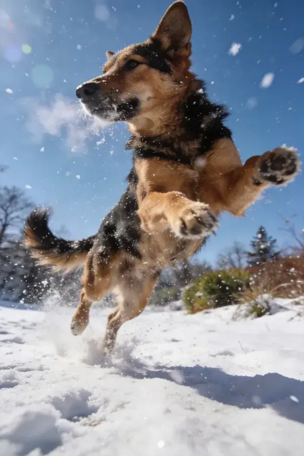 德国牧羊犬雪地跳跃特写