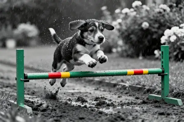 雨中跳跃的比格犬障碍训练场景