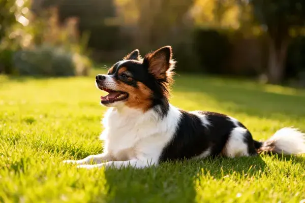 阳光草地上的蝴蝶犬休憩瞬间
