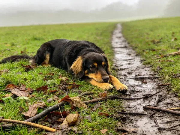 青草泥路旁的黑棕混血犬休憩图