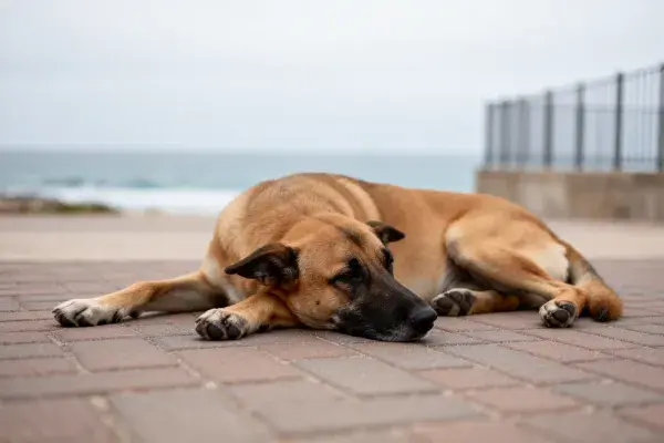 德国牧羊犬在海滨步道休息