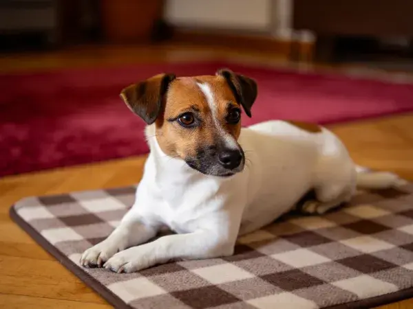 室内地毯上的杰克罗素梗犬姿态